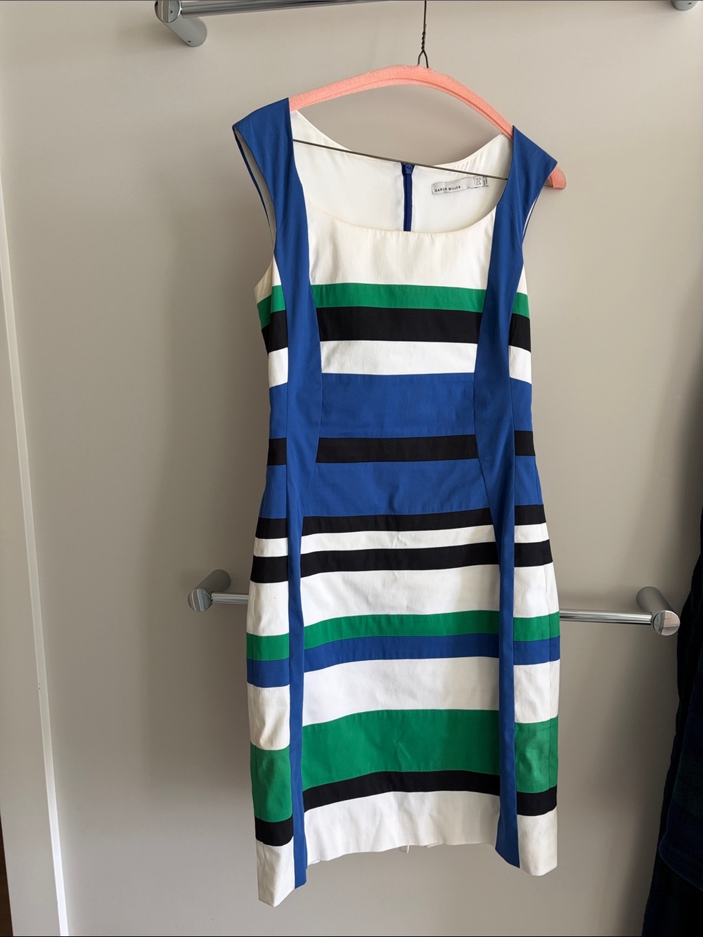 Karen Millen Striped Midi Dress in Blue, Green, Black & White